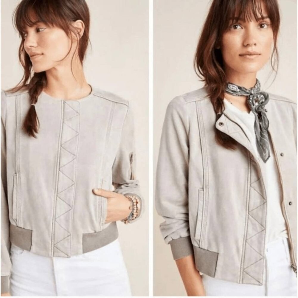 Anthropologie Marrakech Bibiana Bomber Jacket Beige Microsuede Zip Front Size M